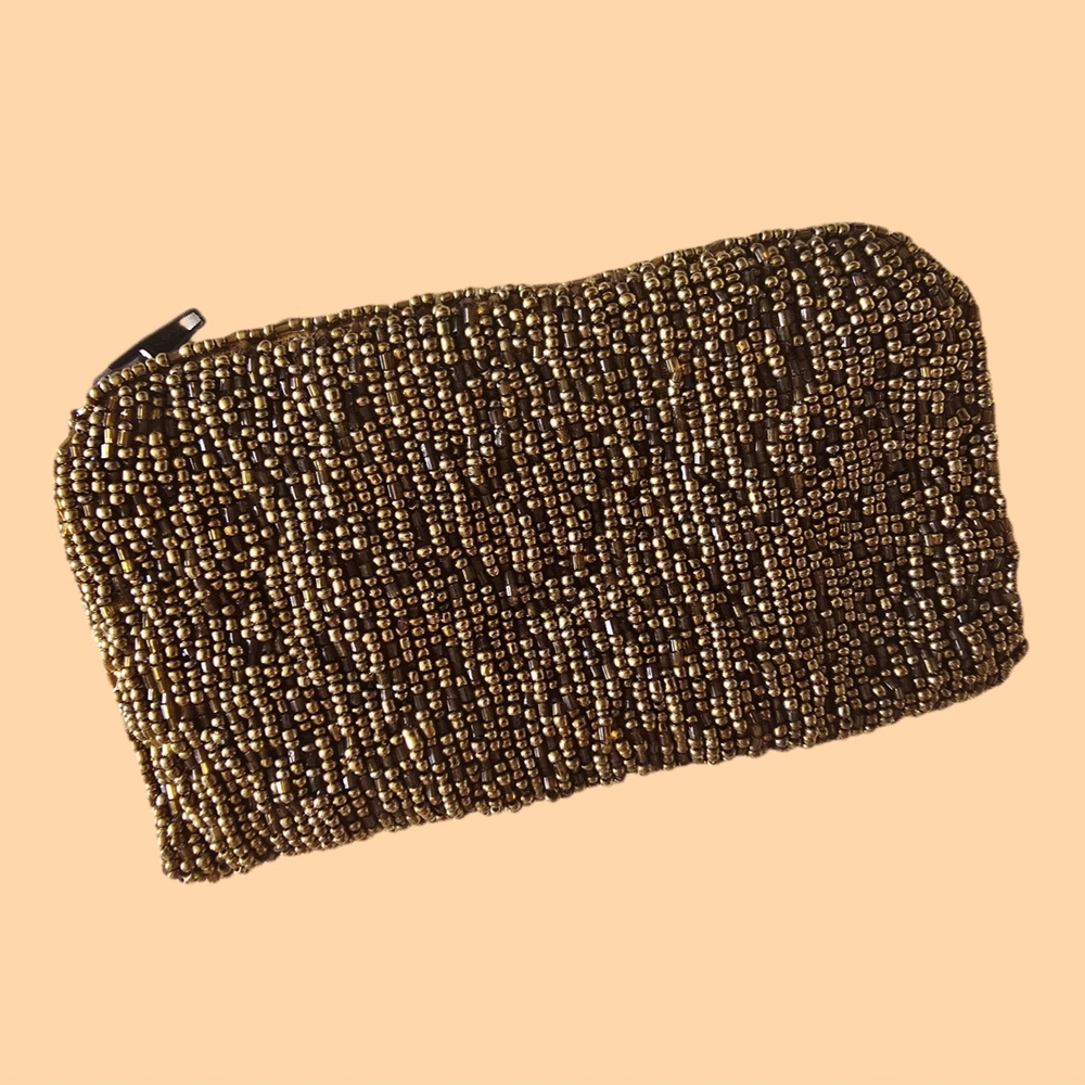 Brand New Gold Bronze Beaded Lined Mini Wallet Change Purse Great Gift!